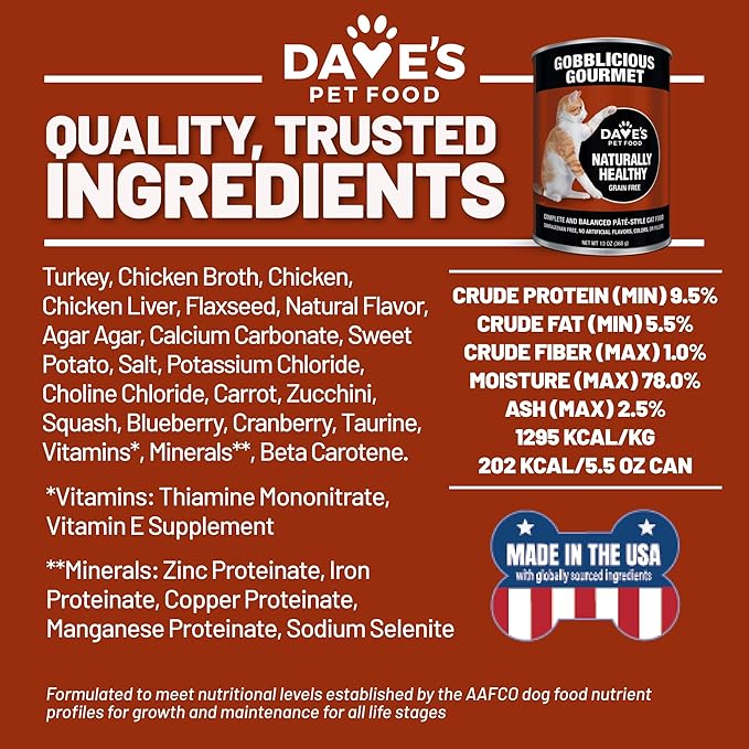 Dave's Pet Food Grain Free Wet Canned Cat Food Pate (Gobblicious Gourmet), Made in USA Naturally Healthy, Added Vitamins & Minerals, 13 oz Cans (12 Pack)