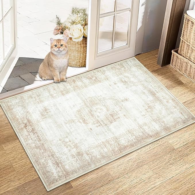 Area Rug 2x3 Entryway Rugs - Machine Washable Vintage Boho Area Rug Non-Slip Kitchen Rugs Soft Stain Resistant Indoor Door Mat, Small Oriental Throw Rug for Entrance Hallway Bedroom (Beige, 2'x3')