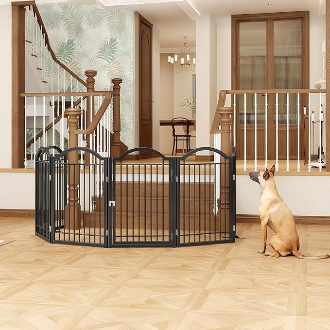 BHG Metal No-Assembly Freestanding Dog Gate with Door Walk Through, Extra Wide 144", Extra Tall 32" Pet Gate, Accordion Puppy Folding Playpen Dog Fence, with 2PCS Support (Black, 6 panesl)
