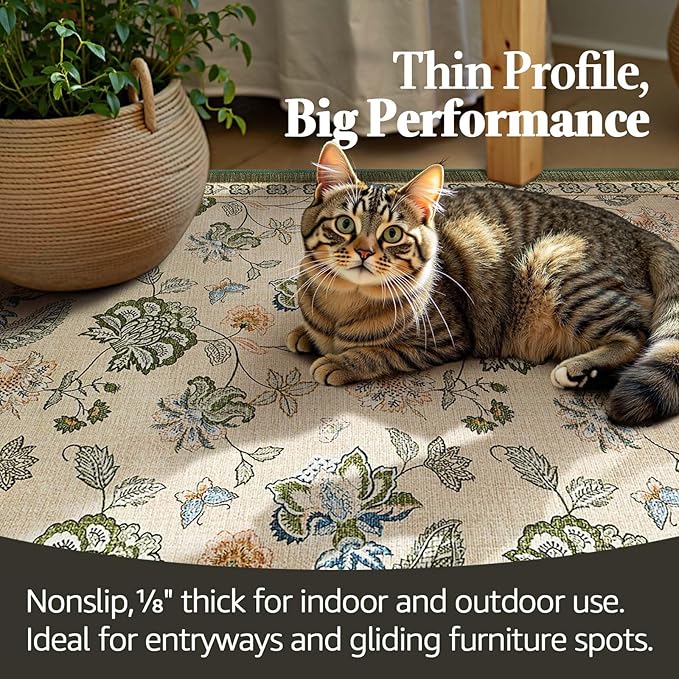 jinchan Elora Floral Corner Rug for Living Room Washable Bedroom Rug Vintage Romance Design Non Slip Quarter Circle Lightweight Low-Pile Throw Carpet for Reading Nook Playroom,8ft Radius, Green/Beige