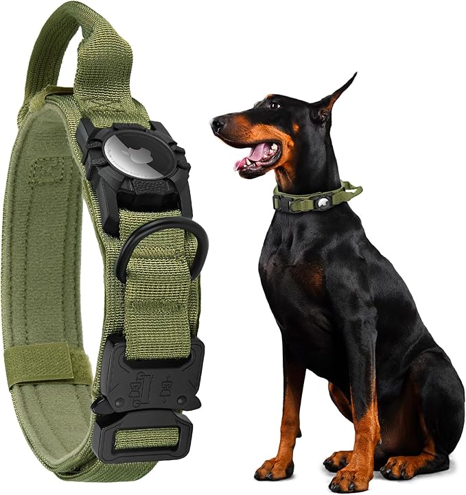 Tactical AirTag Dog Collar - Heavy Duty, Adjustable GPS Collar Compatible with Apple AirTag, with Holder & Control Handle for Medium/Large Dogs [ Green, L ]