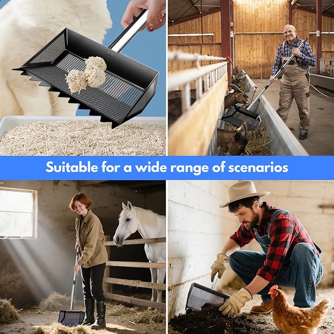 Chicken Poop Scooper & Rake 2-in-1, 304 Stainless Steel Shovel Head, Chicken Litter Scoop with Handle for Chicken Coop & Pet Waste Cleaning, Litter Sifting Shovel (35 to 65") US Patent Pending (Black)