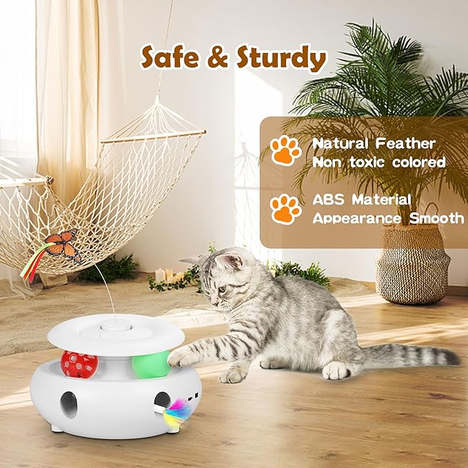 Cat Toys,3-in-1 Interactive Cat Toys for Indoor Cats,Rechargeable Automatic Interactive Cat Toy with Fluttering Butterfly,Smart Sensor 6 Holes Mice Whack-A-Mole and Track Balls, White