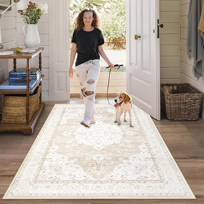 Area Rug 3x5 Entryway Rugs - Machine Washable Vintage Boho Area Rug Non-Slip Kitchen Rugs Soft Stain Resistant Indoor Door Mat, Small Oriental Throw Rug for Entrance Bedroom (Boho Beige, 3'x5')