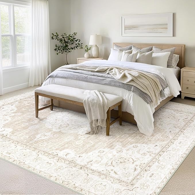 Vintage Living Room Area Rug - 9x12 Large Machine Washable Boho Moroccan Rug Distressed Farmhouse Rugs for Bedroom - Soft Non-Slip Indoor Carpet for Dining Room Office Nursery(Boho Beige, 9'x12')