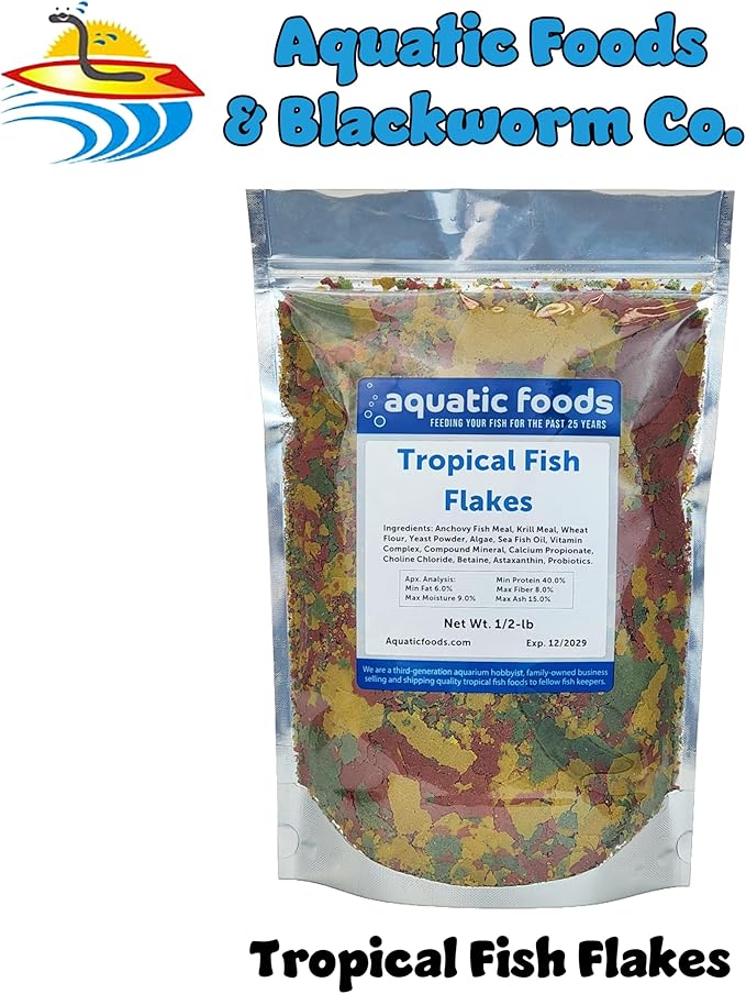 Aquatic Foods Inc. Premium Community Tropical Fish Flakes. All-Around Flakes for Tetras, Livebearers, Anglefish, Cichlids, Goldfish, Guppies 2-Type Pellet Mix & 4-Type Wafers Included...1/2-lb Bag