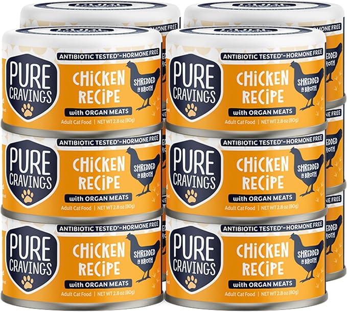 Chicken Recipe in Broth, Shredded Wet Cat Food, Grain-Free Protein, Non-GMO, 12 Pack