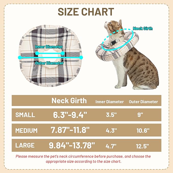 Cat Cone Collar Soft, Adjustable Plaid Elizabethan Cat Recovery Collar After Surgery to Prevent Licking & Scratching Wound, Fits Small Medium Large Cats, Puppy, Small Dogs