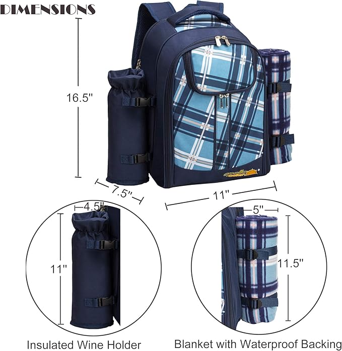 Apollo Walker Picnic Backpack Bag for 2 Person with Cooler Compartment, Detachable Bottle/Wine Holder, Fleece Blanket, Plates and Cutlery (Blue)