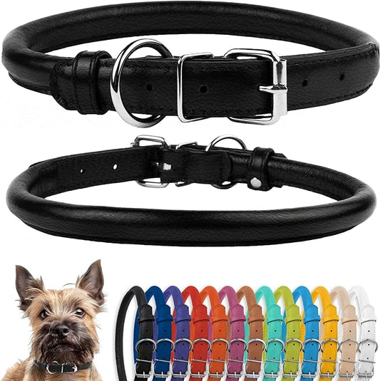 CollarDirect Rolled Leather Dog Collar, Soft Padded Round Puppy Collar, Handmade Genuine Leather Collar Dog Small Large Cat Collars 13 Colors (8-11 Inch, Black Textured)