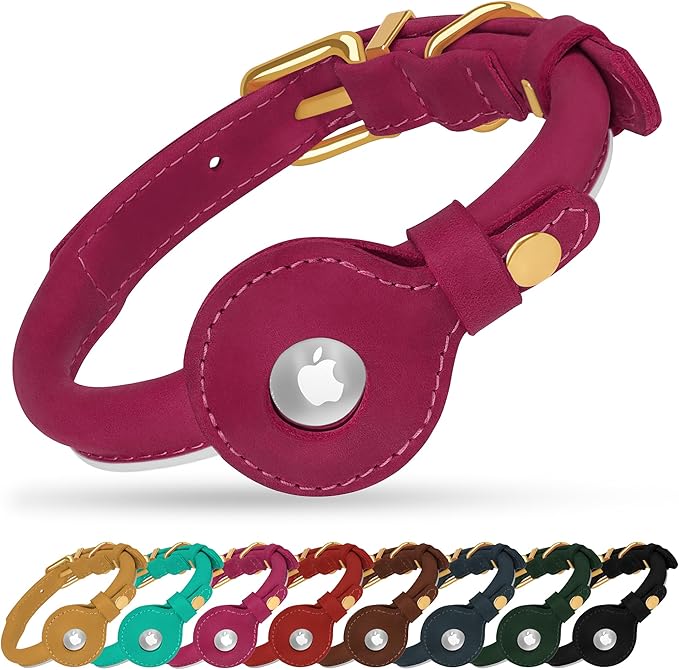 OOPSDOGGY Rolled Leather Dog Collar with Airtag Holder - Reflective Round Airtag Dog Collar - Soft Tracking Pet Collar for Small Dogs Puppy Cats Kitten (Pink, XS, 8"-11")