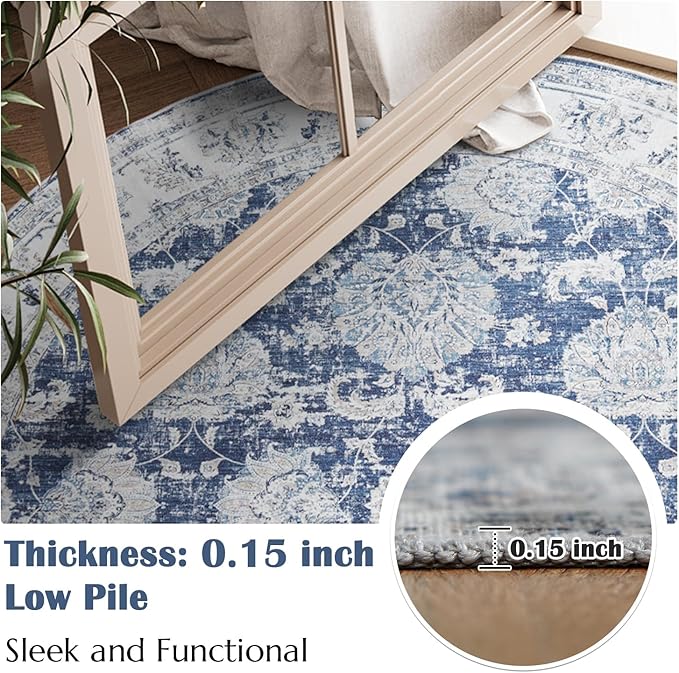 jinchan Fiora Round Rug 7ft Area Rugs Vintage Floral Distressed Design Machine Washable Non-Slip Low-Pile Ultra-Thin Circle Rug for Living Room Dining Room Bedroom Farmhouse (7' Round, Dark Blue)