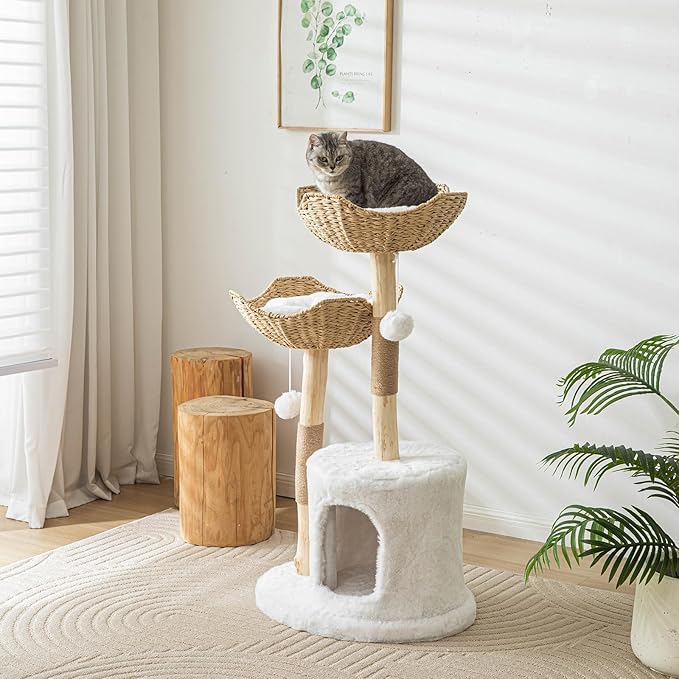 Cat Tree Tower, 46 inch Modern Cat Tree for Indoor Cats Large Adult, Luxury Cat Condo with Scratching Post, Real Solid Wood Branch Indoor Boho Furniture, Climbing Tower, White