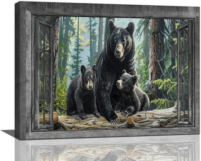 Black Bear Wall Art Forest Window Canvas Cabin Living Room Pictures Prints Animal Wall Decor Painting Artwork for Bedroom Dining Office Home 16"x12"