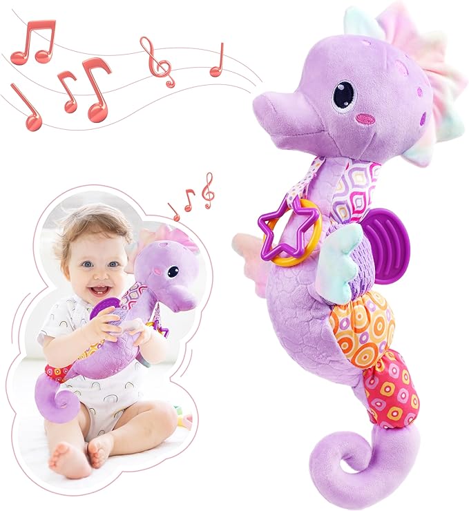 Baby Toys 0-6-12 Months,Musical Stuffed Animals Activity Soft Infant Toys with Multi-Sensory Crinkle, Rattle and Textures,Boys Newborn Baby Girl Toys, Seahorse, Purple