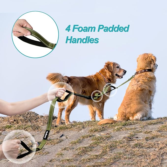 PetBonus Double Dog Leash, No Tangle Dual Leash, Reflective Walking Training Lead, 4 Comfortable Padded Handles for 2 Dogs with Collapsible Bowl and Waste Bags (Army Green, Large)