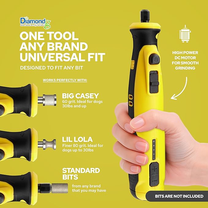Diamondg Cordless Dog Nail Grinder with Quiet Sound & LED Tip for Large & Small Dogs, 4hrs. Runtime, 2 Bits Included, Yellow