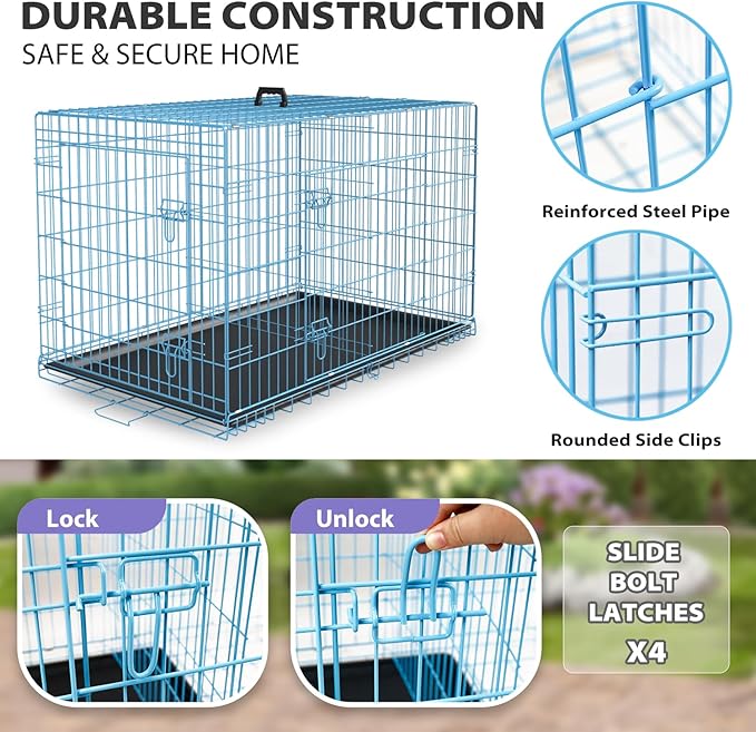 BestPet | Dog Crate | 48" | Blue | Foldable Metal Kennel with Double Doors, Secure Slide-Bolt Latches, Leakproof Tray | Portable Dog Cage for Large Breeds | for Travel, Indoor & Outdoor Use