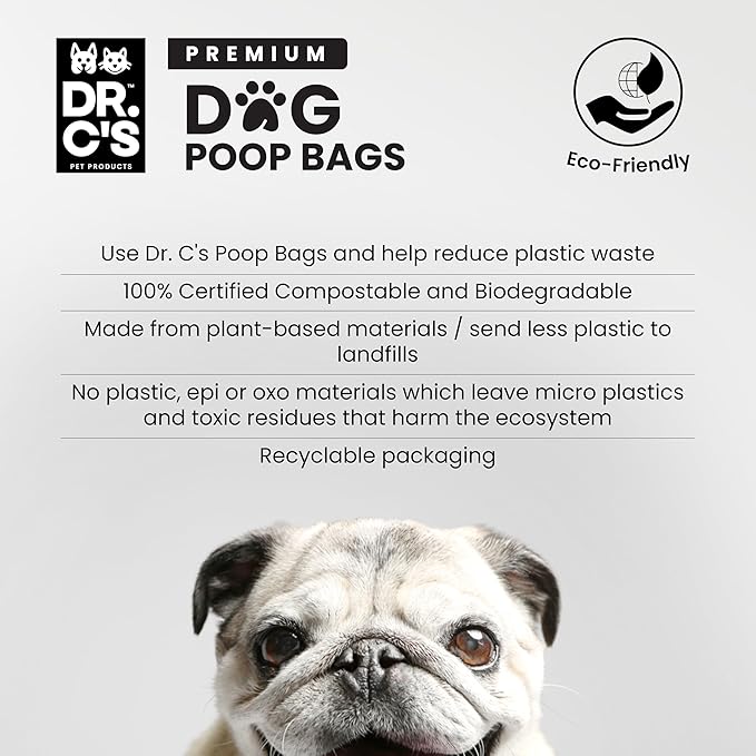 100% Certified Compostable Dog Poop Bags - Dr. C's Premium Dog Poop Bags - 270 Bags / 18 Rolls, Extra thick, Leak Proof, Unscented, Plant Based and Earth Friendly