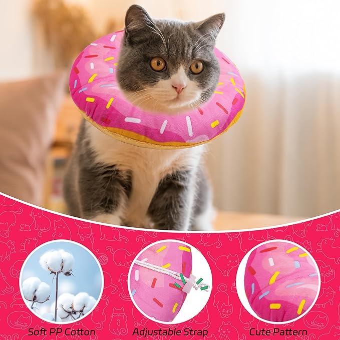 Cat Cone Soft Collar, Adjustable Cat Recovery Collars Kitten Cones to Stop Licking, Cute Donut E Collar After Surgery, Elizabethan Healing Protective Cones After Spay (Donut Pink, Large)