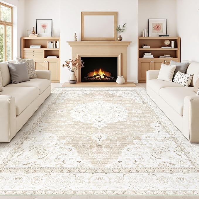 Vintage Living Room Area Rug - 9x12 Large Machine Washable Boho Moroccan Rug Distressed Farmhouse Rugs for Bedroom - Soft Non-Slip Indoor Carpet for Dining Room Office Nursery(Boho Beige, 9'x12')