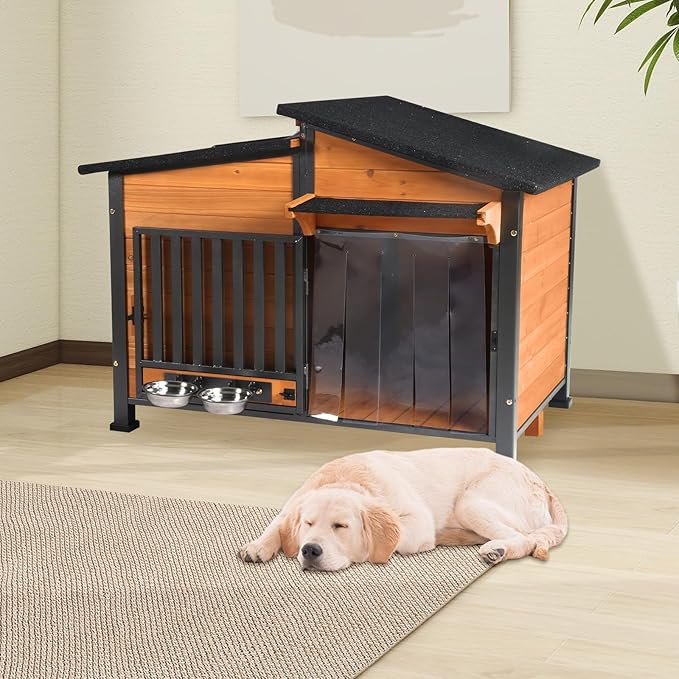 Chew-Resistant Dog House with Metal Frame, Wooden Kennel for Indoor & Outdoor Use, Waterproof Roof & Feeding Bowls Included (Wood, L)