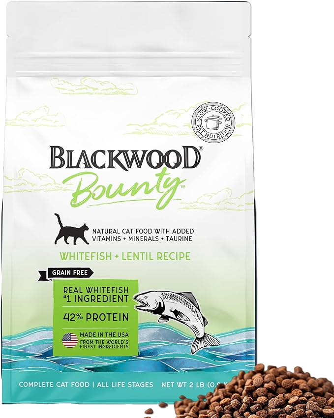 Blackwood Bounty Dry Cat Food, Whitefish & Lentil Recipe for All Life Stages, 2 Pound Bag, High Protein, Grain Free