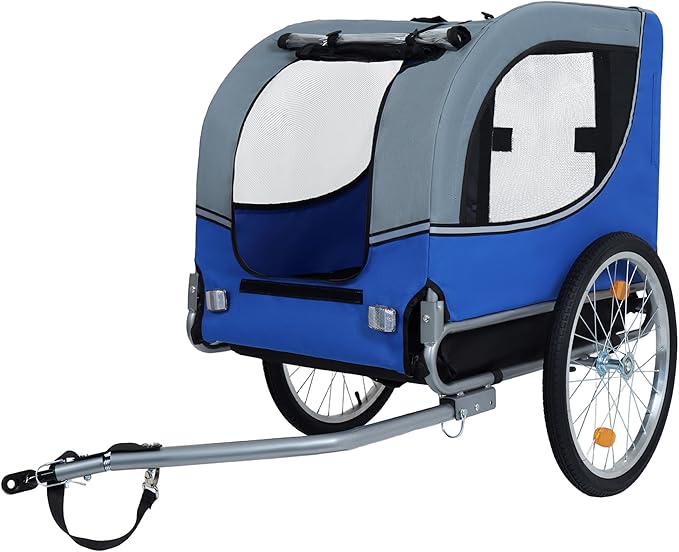 Blue-Grey Large Folding Bike Trailer for Dogs – Heavy-Duty Steel Frame, 66LB Capacity Pet Carrier for All-Terrain Cycling, Jogging & Camping Adventures!