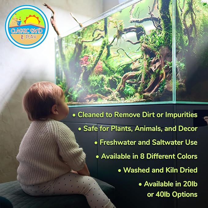 CLASSIC SAND & PLAY Natural Aquarium Sand for Freshwater and Saltwater Tanks, 20 lb. Bag, Improves Filter Life and Filtration Process, Pre-Washed Fine Sand, Green