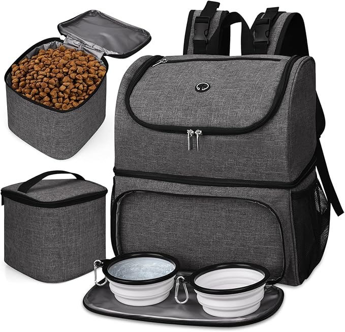 BAGLHER Pet Travel Bag, Double-Layer Pet Supplies Backpack (for All Pet Travel Supplies), Pet Travel Backpack with 2 Silicone Collapsible Bowls and 2 Food Baskets Grey