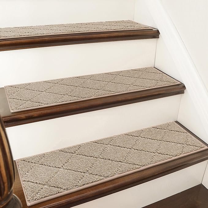 COSY HOMEER Edging Stair Treads Non-Slip Carpet Mat 28inX9in Indoor Stair Runners for Wooden Steps, Edging Stair Rugs for Kids and Dogs, 100% Polyester TPE Backing(4pc, Beige)