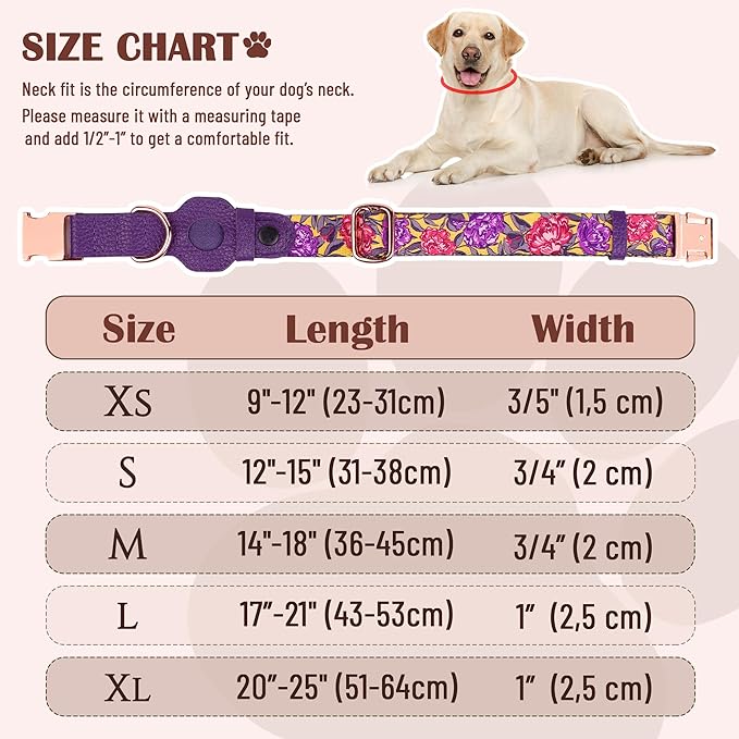 AirTag Dog Collar for Small Medium Large Breed - Adjustable Cute Pattern Dog Collar with Airtag Holder - Soft Leather Tracker GPS Apple Air Tag Pet Collars (Small, 12"-15" Neck Fit, Peonies)