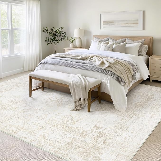 Vintage Living Room Area Rug - 9x12 Large Machine Washable Boho Moroccan Rug Distressed Farmhouse Rugs for Bedroom - Soft Non-Slip Indoor Carpet for Dining Room Office Nursery(Ivory, 9'x12')