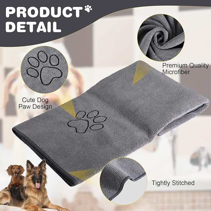 Chumia 4 Pack Dog Towels for Drying Large Microfiber Grooming Tools Absorbent Soft Bath Supplies with Embroidered Paw for Small Medium Pet Products(30 x 50 Inch,Gray)