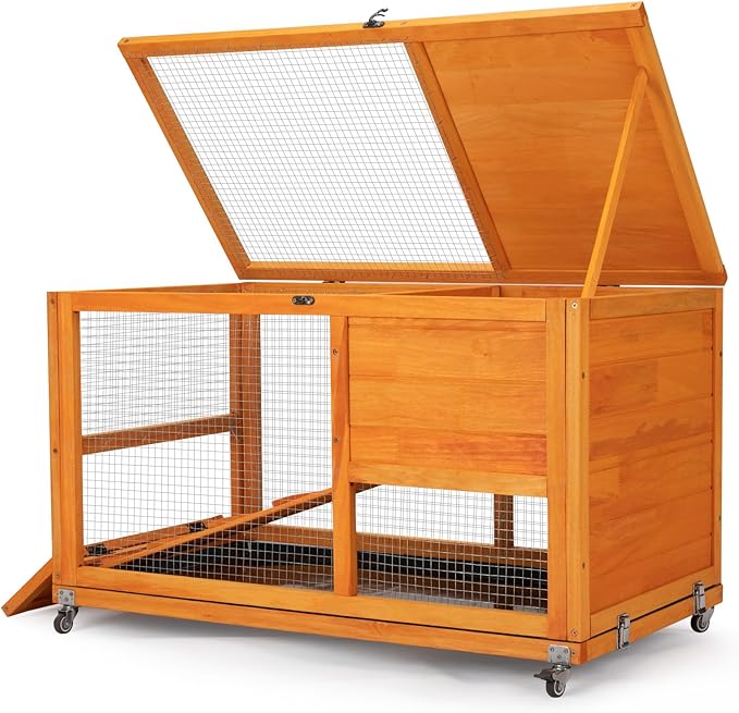 COZIWOW Fashionable Wood 36Inches Rabbit Hutch Indoor with Wheels Bunny Cage Outdoor Fashion Rabbit Cage with Clean Tray, Openable Roof, Anti-Slip Ramp for Small Bunny Rabbit (Orange)