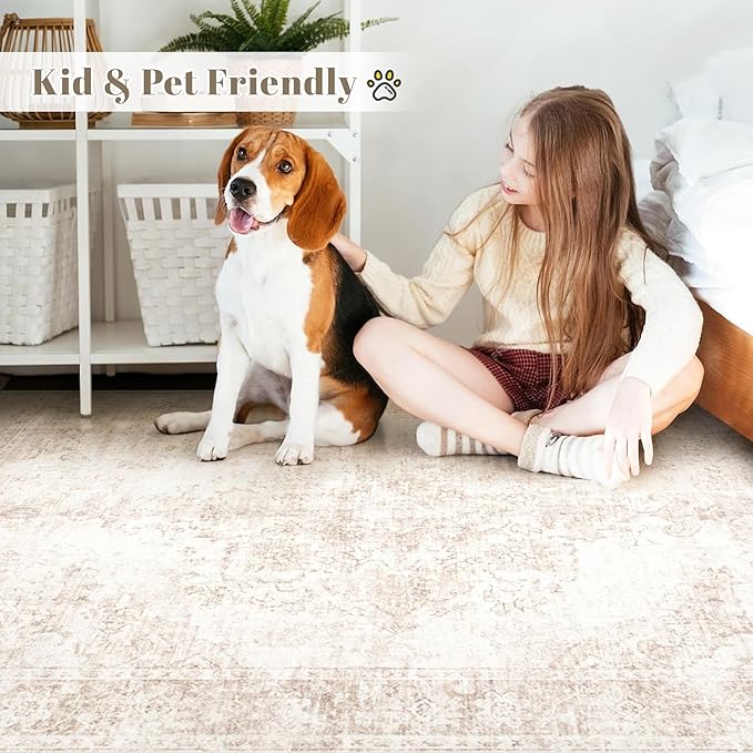 Vintage Living Room Area Rug - 9x12 Large Machine Washable Boho Moroccan Rug Distressed Farmhouse Rugs for Bedroom - Soft Non-Slip Indoor Carpet for Dining Room Office Nursery(Retro Beige, 9'x12')