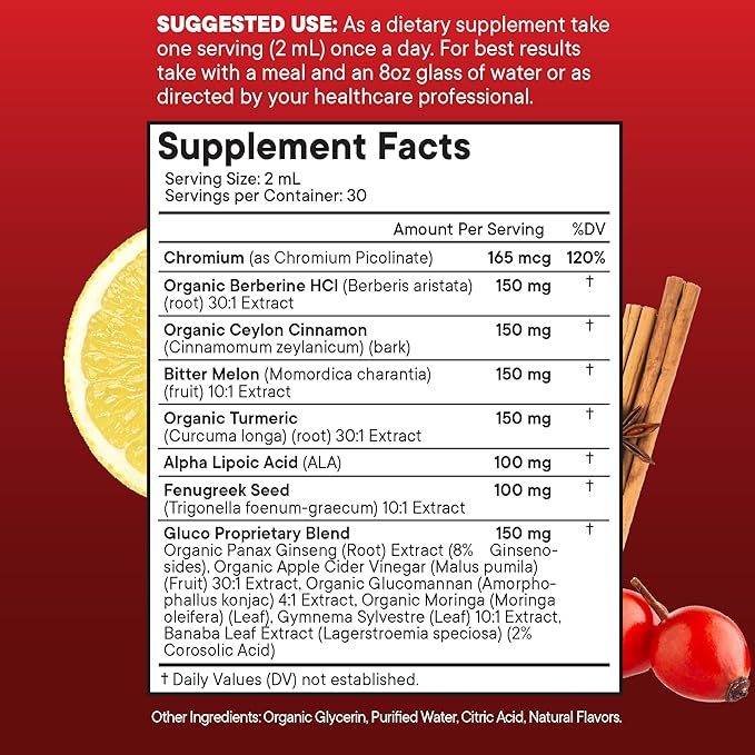 Berberine with Ceylon Cinnamon Supplement Liquid Drops + Bitter Melon Extract, Glucomannan, Gymnema, Chromium, Turmeric, Panax Ginseng, Moringa- 8 OZ