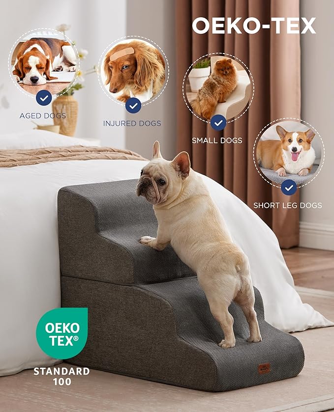 Beige Curved Dog Stairs Ramp for Small Dogs & Cats 17" H, 3-Step Dog Steps for Couch Sofa and Chair, Pet Stairs for Cats, Non-Slip Balanced Pet Steps