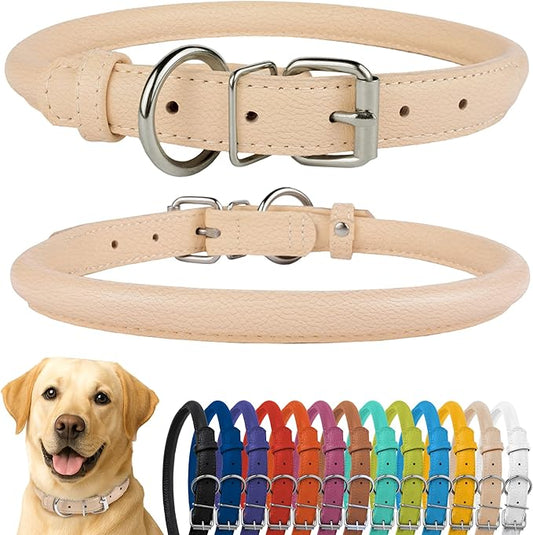 CollarDirect Rolled Leather Dog Collar, Soft Padded Round Puppy Collar, Handmade Genuine Leather Collar Dog Small Large Cat Collars 13 Colors (18-22 Inch, Beige Textured)