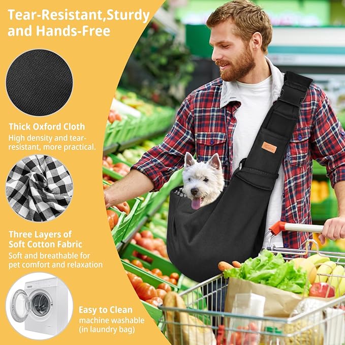 CUBY Dog and Cat Sling Carrier, Hand-Free Dog Carrier Slings with Adjustable Straps Pocker, Puppy Slings Carrier for Small Dogs Cats Outdoor Travel Bag(Black, M-Adjustable Strap)