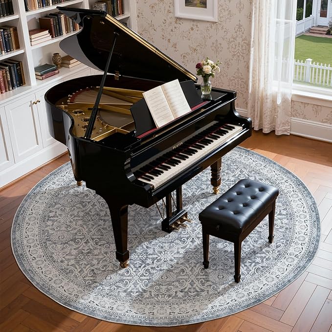 jinchan Round Rug 8ft Washable Circle Soft Rug - Low Pile Vintage 8'Round Indoor Grey Floral Print Stain Resistant Boho Carpet Ultra-Thin Non-Slip for Living Room Bedroom Dining Room Kitchen