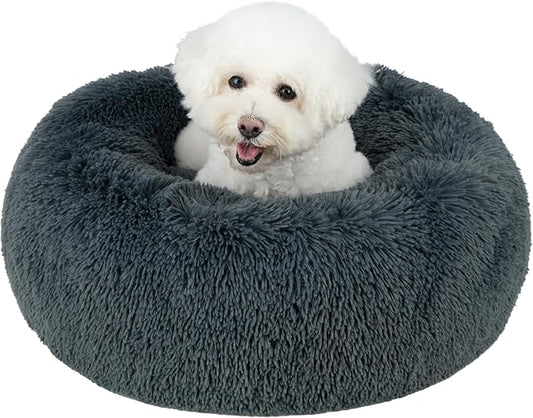 Best Pet Supplies Round Donut Dog Bed with Plush Faux Fur Fabric, Calming, Anti-Anxiety Cushion for Indoor Pets, Slip-Resistant Base, Soft Ergonomic Support - Gray, 30x30x8''