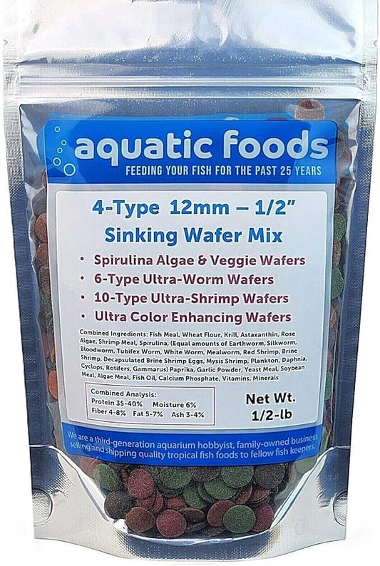 Aquatic Foods Inc. 4-Type Ultra Mix of 1/2" - 12mm Sinking Wafers, Spirulina-Algae, Worm, Shrimp, Intense Color Enhancing Wafers for Plecos, Shrimp, Snails, All Tropical Fish - 1/2-lb
