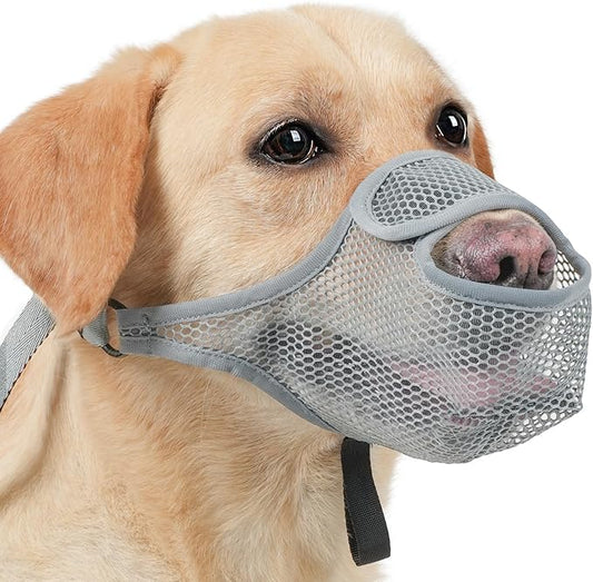 LUCKYPAW Dog Muzzle for Large Medium Small Dogs, Patented Mesh Muzzle to Prevent Biting Chewing Eating, Soft Mouth Guard with Front Opening Design for Drinking Panting(Grey, M)