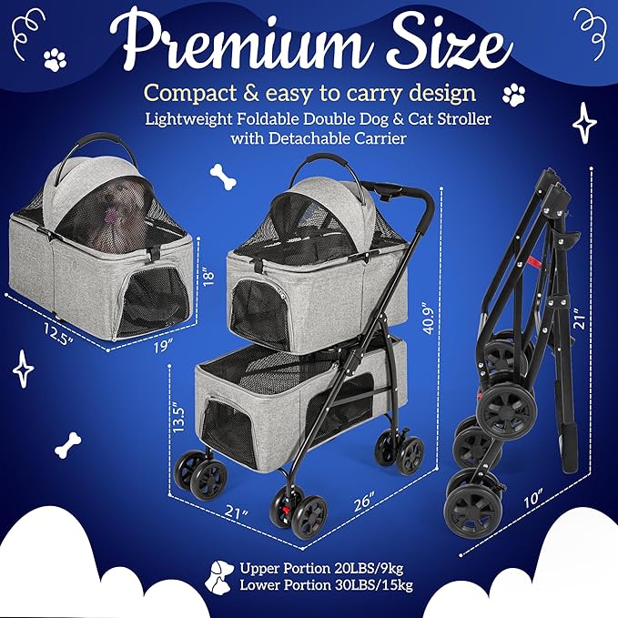 Detachable Pet Double Stroller with 4 Rolling Casters for 2 Pets – Lightweight Multifunctional Travel Stroller with Mesh Windows, Cup Holder, Sun Shades & Storage Pocket for Puppy and Kitty