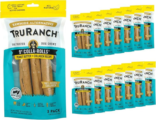 Collagen Rolls - 9" Collagen Rolls for Dogs - Long Lasting Healthy Joint Support - Rawhide Alternative - Skin & Coat Health - Made with Real Peanut Butter, Value Pack, 15 Bags, 45 Count