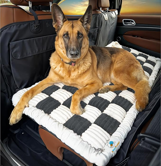 APetsPlanet Dog Bed for Car Back Seat Extender - Non-Slip Backseat Cushion for Dogs - Travel Plush Pet Mat Topper for Cars, Trucks, SUVs - Machine Washable Pad Blanket - Black Plaid, 54" x 24.8"