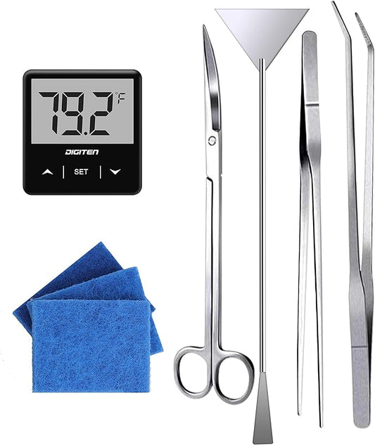 Aquarium Starter kit, The Package includes a Fish Tank Thermometer, aquascape Tool kit with a Sand Spatula, Straight Tweezers, Curved Tweezers, Curved Scissors, Handheld Sponge pad(3 PCS)