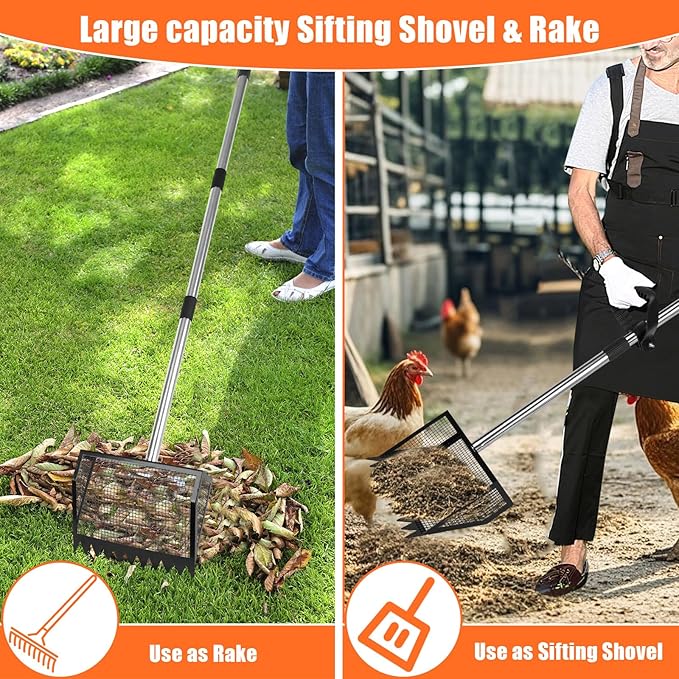 Chicken Poop Scooper and Rake with Ergonomic Handle, 2 in 1 Large Metal Chicken Coop Scoop for Poop with Adjustable Stainless Steel Pole, Sand Sifting Shovel for Chicken Coop Accessories