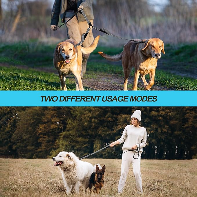 PetBonus Double Dog Leash, No Tangle Dual Leash, Reflective Walking Training Lead, 4 Comfortable Padded Handles for 2 Dogs with Collapsible Bowl and Waste Bags (Grey, Large)